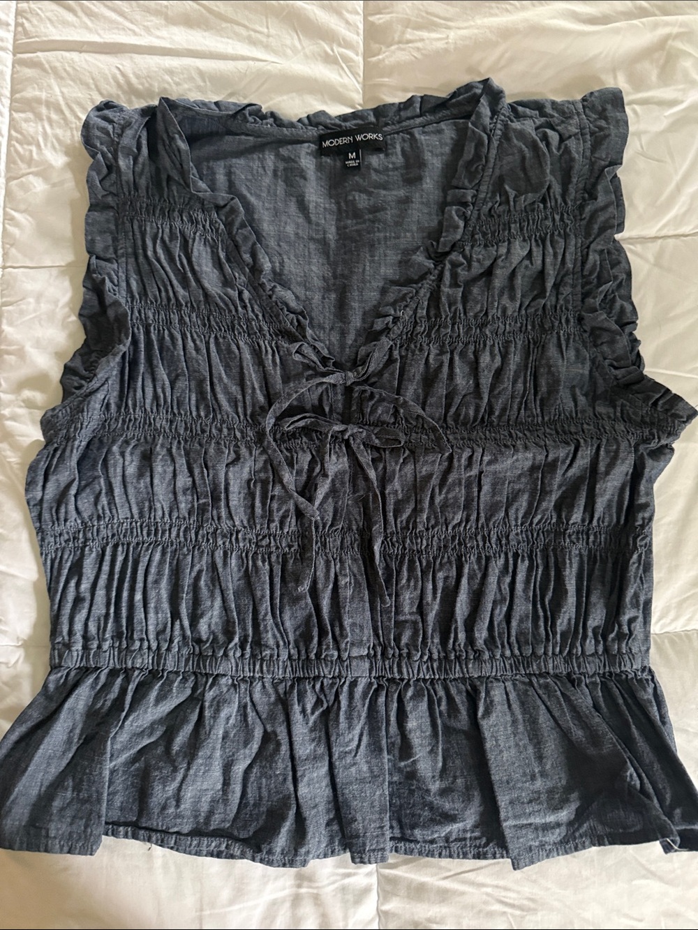 Modern Works Black Smocked Tie-Front Blouse